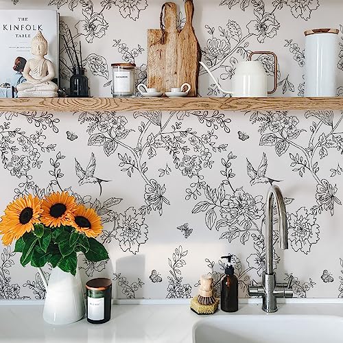 Froluya Black and Cream White Floral Wallpaper Peel and Stick Wallpaper 17.7in×118.1in Vintage Floral Contact Paper Flowers Birds Removable Self Adhesive Decorative Wall Paper for Bathroom Cabinets - Image 3
