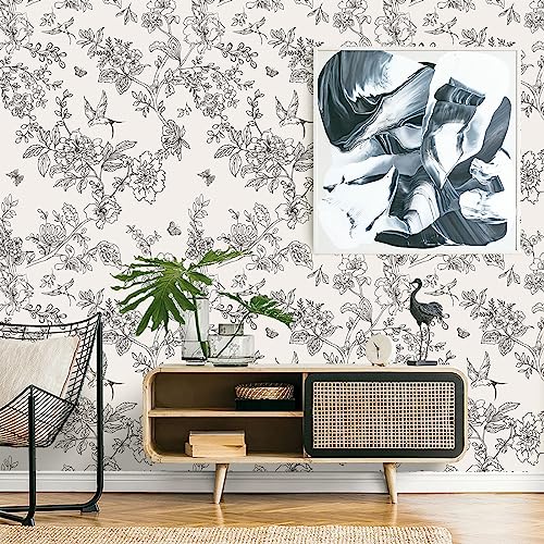 Froluya Black and Cream White Floral Wallpaper Peel and Stick Wallpaper 17.7in×118.1in Vintage Floral Contact Paper Flowers Birds Removable Self Adhesive Decorative Wall Paper for Bathroom Cabinets - Image 2