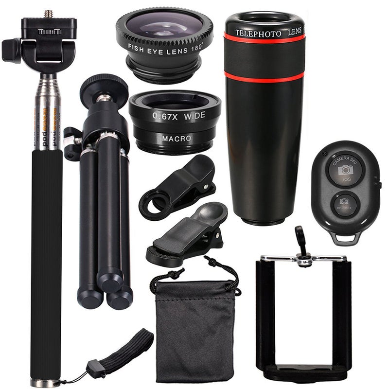 10PCS 8X Telephoto Mobile Phone Lens Universal Detachable Clip-on Lens Wide Angle + Fish Eye + Macro Lens + Selfie Stick + Tripod - Image 1