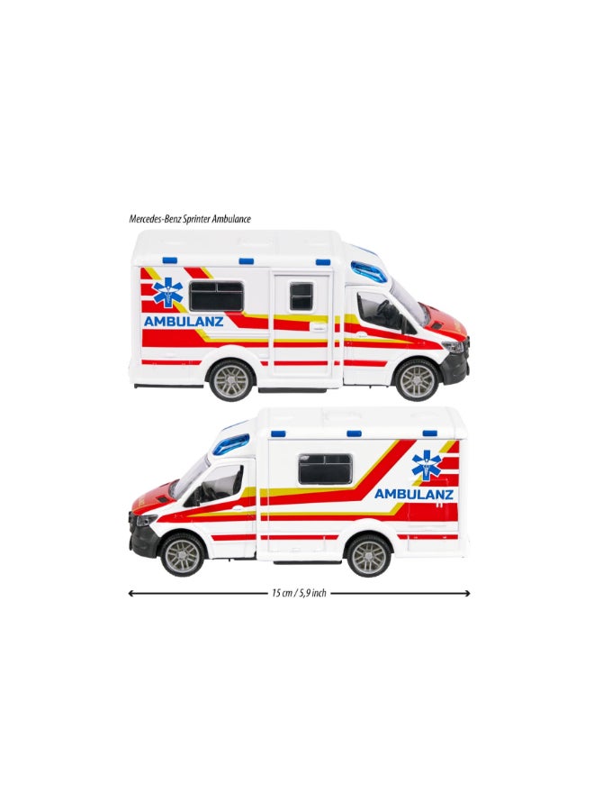 Majorette Mercedes-Benz Sprinter Ambulance, 15 cm Officially Licensed Diecast Rescue Vehicle with Lights, Sound, Opening Rear Doors and Rubber Tires, Ages 3+ - Image 3
