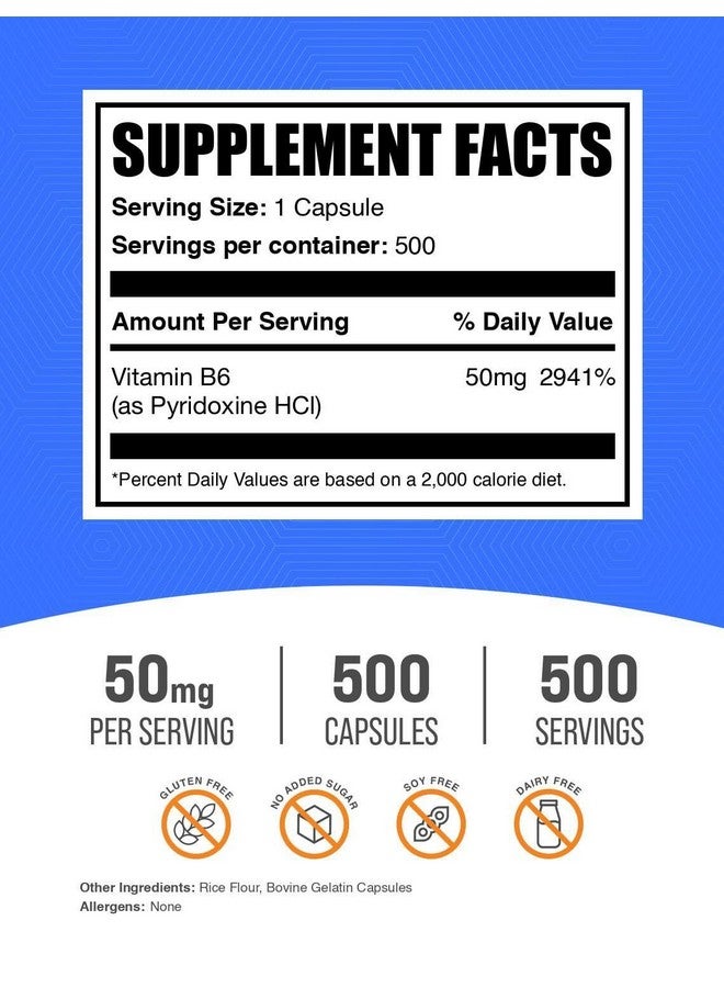 BulkSupplements كبسولات فيتامين ب6 من بولك سابليمنتس - بيريدوكسين هيدروكلوريد، فيتامين ب6 50 ملغ - 1 كبسولة لكل حصة، 500 كبسولة (عبوة من 1) - Image 2