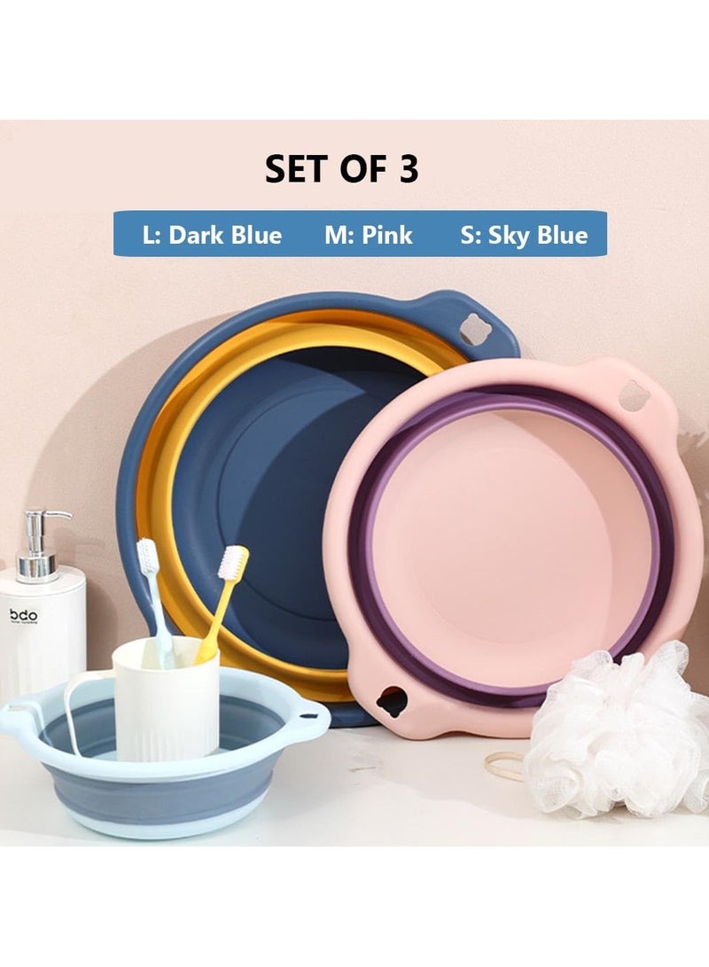 سوكاني حوض قابل للطي، مجموعة من 3 أحواض غسيل، حوض غسيل قابل للطي، حوض غسيل بلاستيكي محمول، سلة غسيل للحمام والمطبخ، حوض غسيل للتخييم والنزهات الخارجية والسفر، أزرق، وردي، أزرق داكن - Image 4