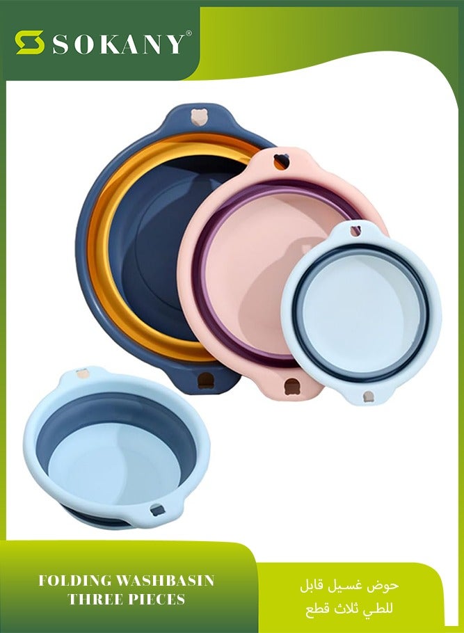 سوكاني حوض قابل للطي، مجموعة من 3 أحواض غسيل، حوض غسيل قابل للطي، حوض غسيل بلاستيكي محمول، سلة غسيل للحمام والمطبخ، حوض غسيل للتخييم والنزهات الخارجية والسفر، أزرق، وردي، أزرق داكن - Image 1