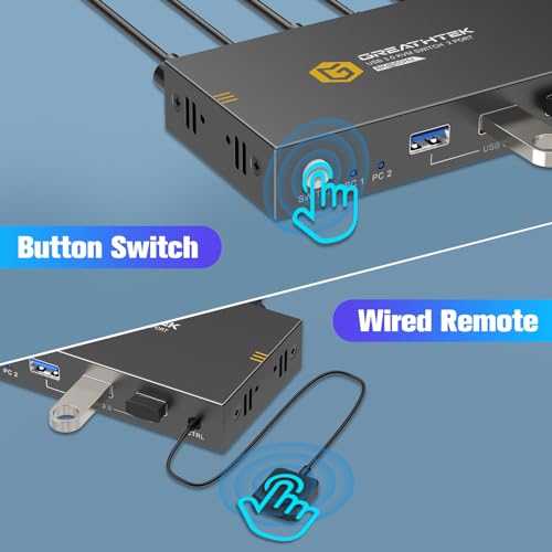 GREATHTEK KVM Switches 2 Port 8K@60Hz, GREATHTEK KVM Switch HDMI Share USB Devices with 3 USB3.0 Hubs, 2 Computers 1 Monitor Share Keyboard Mouse Printer, Button Switch Desktop Remote Control, Plug and Play - Image 5
