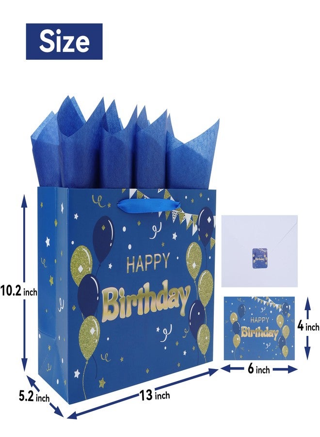 Qirrmiy 13" Large Blue Happy Birthday Gift Bag Set with Handles, Greeting Card, Tissue Papers and Stickers for Men Boys, Balloons Design, 1 Pcs - Image 2