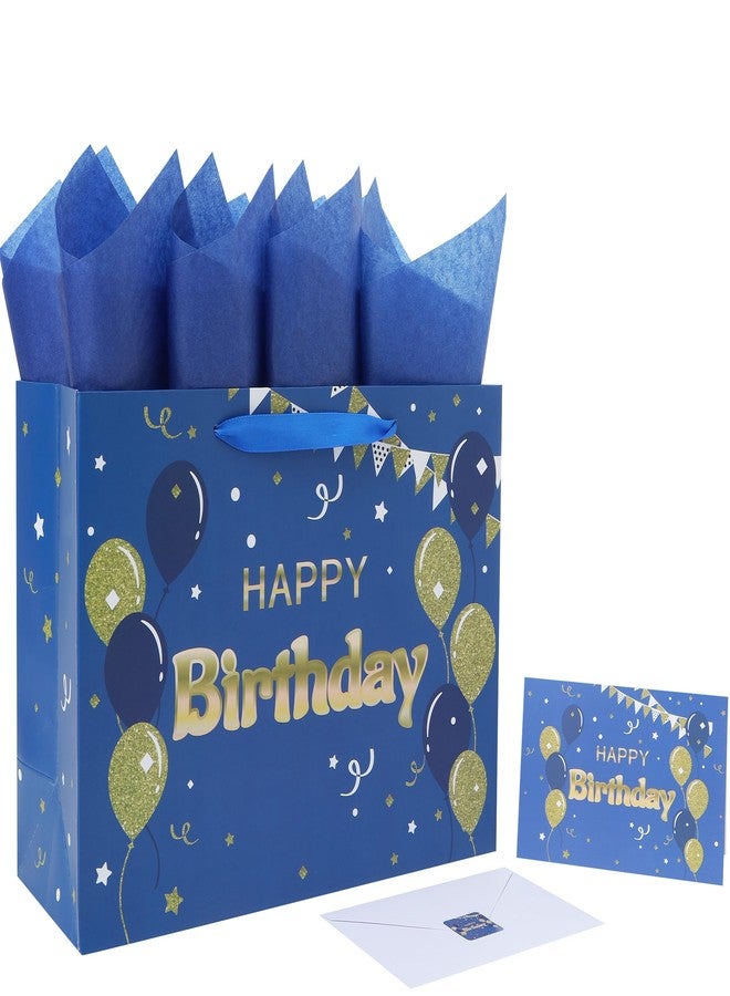 Qirrmiy 13" Large Blue Happy Birthday Gift Bag Set with Handles, Greeting Card, Tissue Papers and Stickers for Men Boys, Balloons Design, 1 Pcs - Image 1