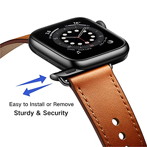 OUHENG Leather Bands Compatible with Apple Watch Band 42mm/41mm/40mm/38mm, Genuine Leather Replacement Strap for iWatch SE3 SE2 SE Series 11 10 9 8 7 6 5 4 3 2 1 (Brown/Black) - Image 2