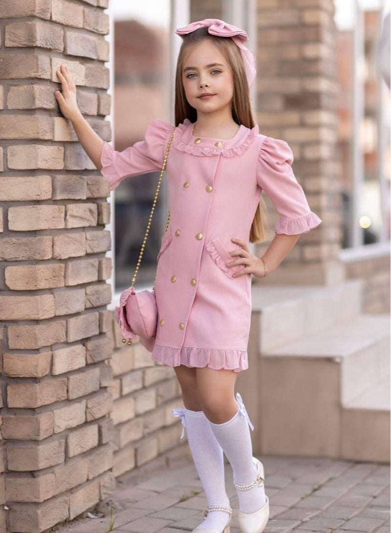 OLUDENIZ Dress Chic 4-Piece Girls' Celebration Ensemble: Includes Dress, Hair Clip, Handbag, and Long Socks - Coordinated Colors, Made in Turkey 