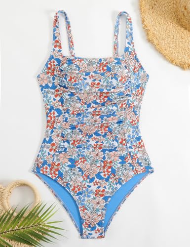YIMISAN Women's One Piece Swimsuit Square Neck Sporty Ruched Slimming Monokini High Cut Tummy Control Bathing Suit Blue Floral - Image 5
