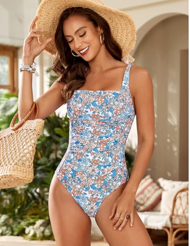 YIMISAN Women's One Piece Swimsuit Square Neck Sporty Ruched Slimming Monokini High Cut Tummy Control Bathing Suit Blue Floral - Image 2