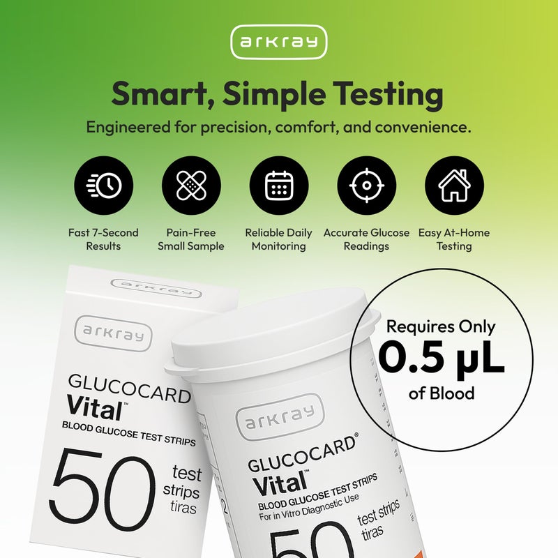ARKRAY GLUCOCARD Vital Glucose Test Strips - No Coding Required, Fast 7-Second Results, 0.5 Microliter Sample Size - Compatible with GLUCOCARD Vital Blood Glucose Meter, 100 Count (2 Packs of 50) - Image 2