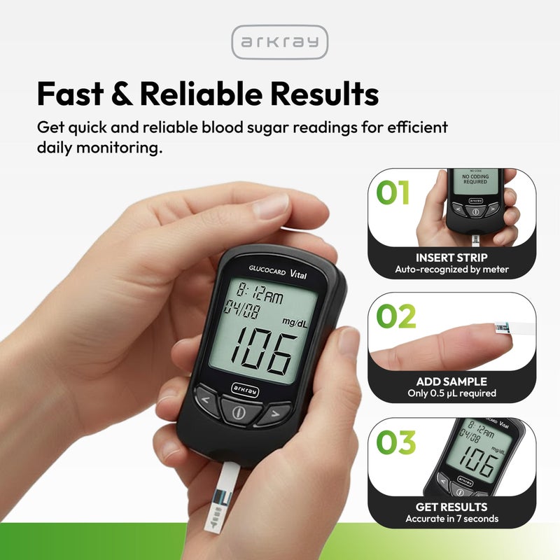 ARKRAY GLUCOCARD Vital Glucose Test Strips - No Coding Required, Fast 7-Second Results, 0.5 Microliter Sample Size - Compatible with GLUCOCARD Vital Blood Glucose Meter, 100 Count (2 Packs of 50) - Image 3