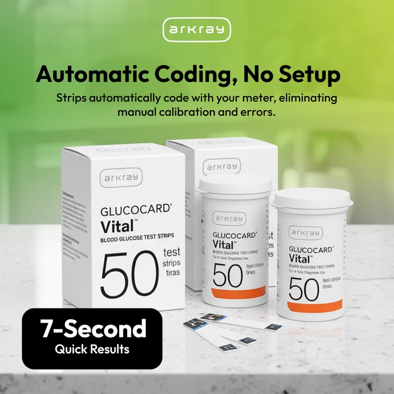 ARKRAY GLUCOCARD Vital Glucose Test Strips - No Coding Required, Fast 7-Second Results, 0.5 Microliter Sample Size - Compatible with GLUCOCARD Vital Blood Glucose Meter, 100 Count (2 Packs of 50) - Image 4