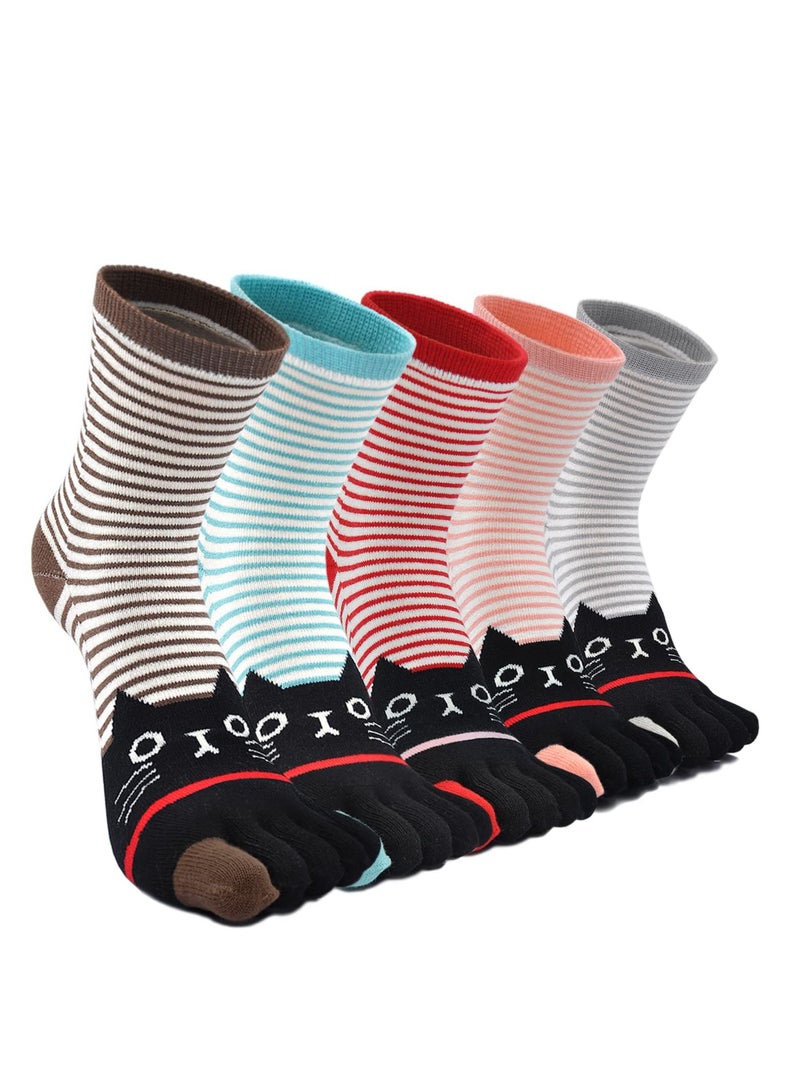 Excefore 5 Pack Cartoon Fashion Five Finger Socks, Colorful Cotton Five Finger Socks, Athletic Running Toe Socks, Suitable for Ladies - Image 1