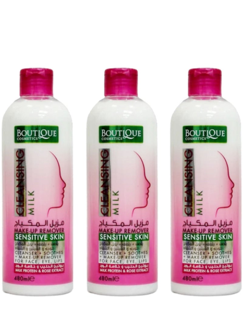 BOUTIQUE 3 Pieces Boutique Makeup Removal Extract With Milk And Rose Cleans Carefully And Gently Makeup Face Eyes And Lips Special For Sensitive Skin Economy Pack 480 Ml - Image 1