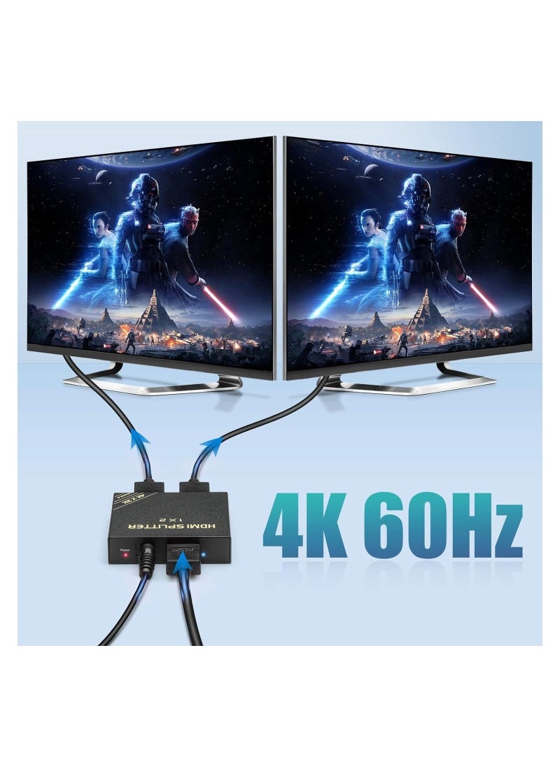 Captaintech - HDMI Splitter, 1 in 2 Out 60Hz- HDCP 2.2/2.3 Bypass, HDR, Dolby Atmos/DTS5.1/7.1, Compatible with PS5/PS4/PS3, Apple TV, Xbox, Cable Box, Roku Stick, etc. HDMI Down Scaler 4K 1080P Sync - Image 1