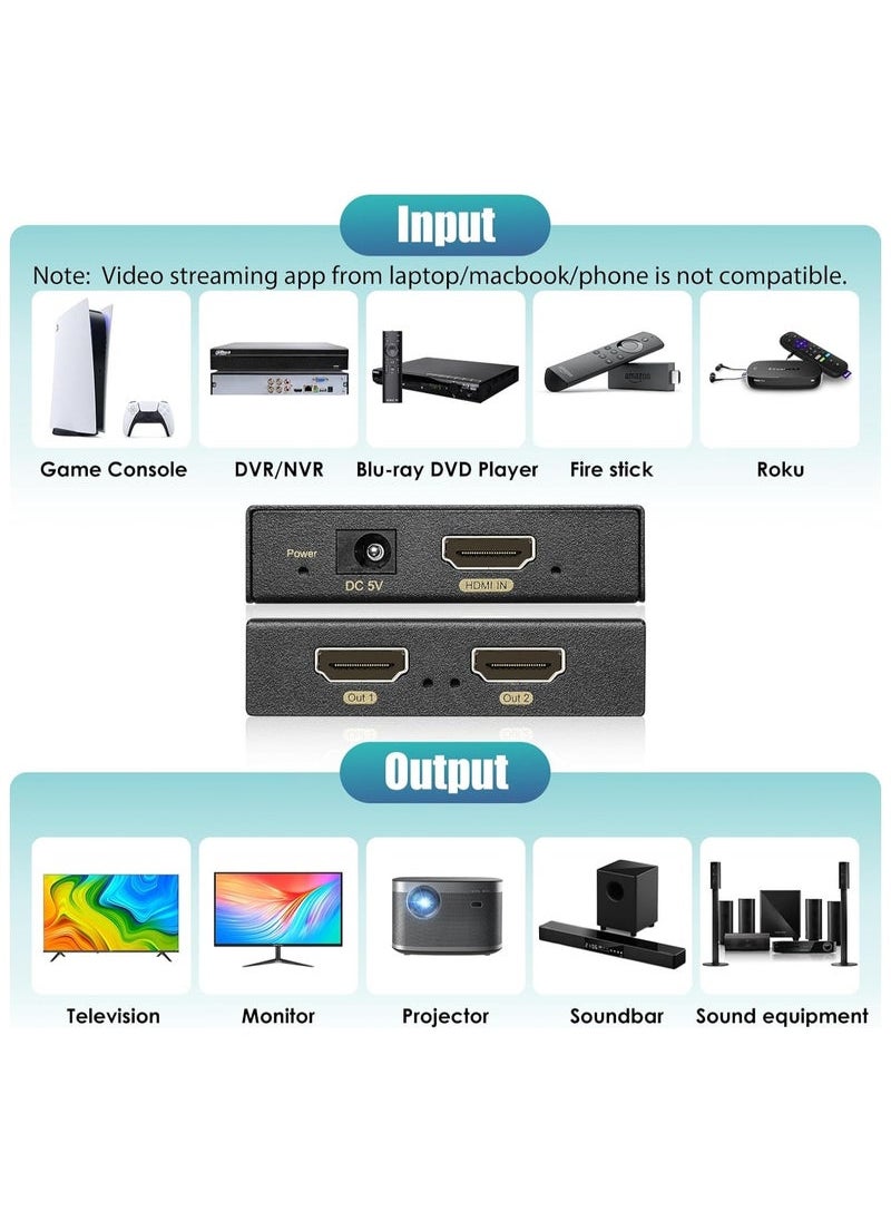 Captaintech - HDMI Splitter, 1 in 2 Out 60Hz- HDCP 2.2/2.3 Bypass, HDR, Dolby Atmos/DTS5.1/7.1, Compatible with PS5/PS4/PS3, Apple TV, Xbox, Cable Box, Roku Stick, etc. HDMI Down Scaler 4K 1080P Sync - Image 1