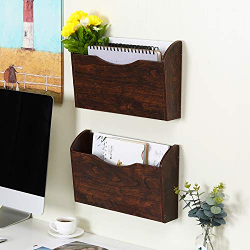 PAG Wall File Holder Wall Mounted Wood Hanging File Organizer for Office, 2 Pockets, Brown - Image 4