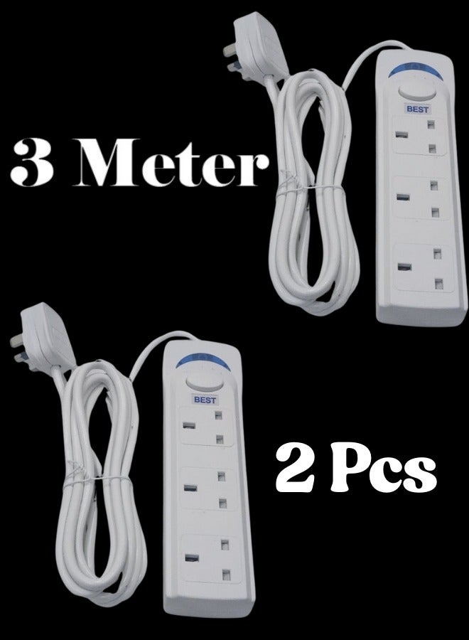 Best 2 Pieces Strips Extension Cord | 3 Sockets Universal Plug Adapter with 3Meter Bold Extension Cable | Power Socket | Extension Board | Extension Cable | Extension Socket For Home,Office,Kitchen ,Travel And More (White) ((3Meter)) ((Pack Of 2))  - Image 1