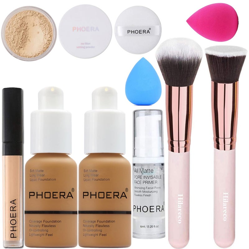 PHOERA Foundation  Concealer  Full Coverage 24 Hour Fresh Wear with Matte Finish Includes Primer  Powder 111 Chestnut