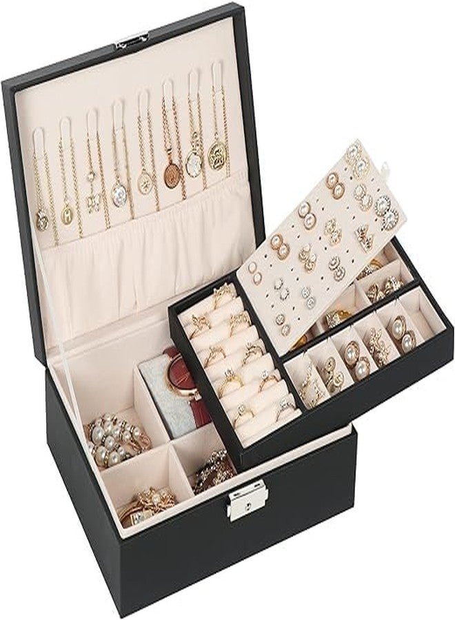 ALMOZA Jewellery Box for Women & Girls – 2 Layer PU Leather Jewelry Organizer with Lock & Removable Tray | Velvet Lined Storage Case for Necklaces, Earrings, Rings, Bracelets, Watches - Image 1