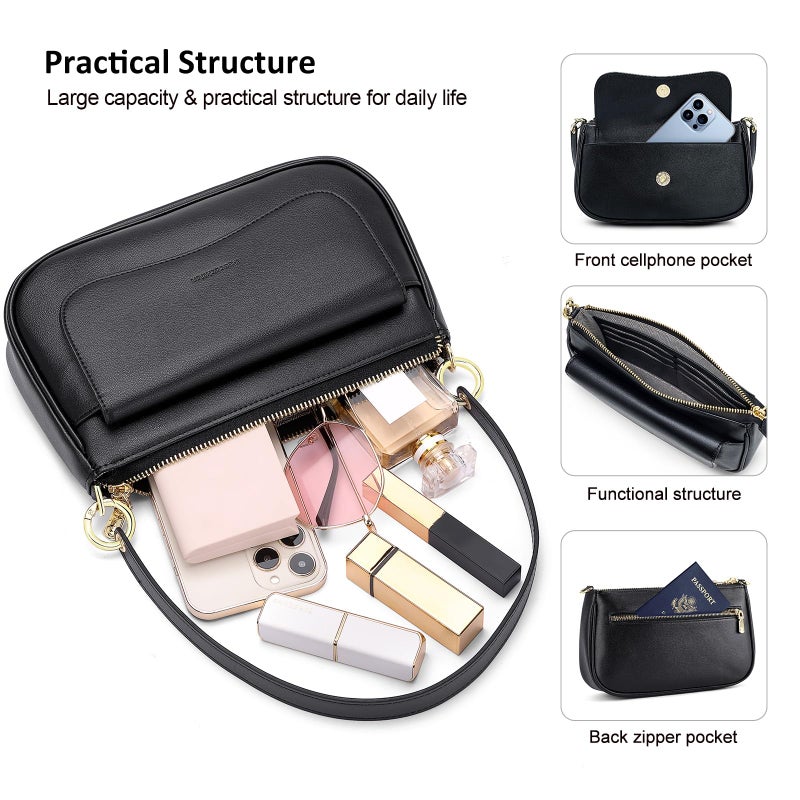 PEACOCKTION Peacocktion Small Shoulder Bags, Crossbody Purses for Women Vegan Leather Handbag Hobo Purse, 2 Straps (Black)  - Image 3