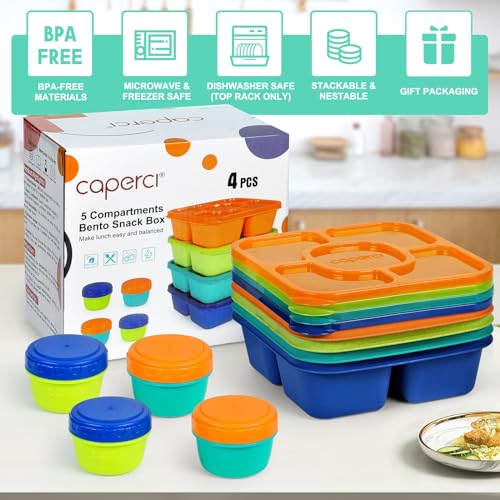Caperci Original Lunchable Snack Containers for Kids & Adults - 5 Compartments Bento Snack Boxes with 4 Leakproof Small Containers, Wheat Straw, BPA-Free, Set of 4 (Jewel Brights) - Image 4