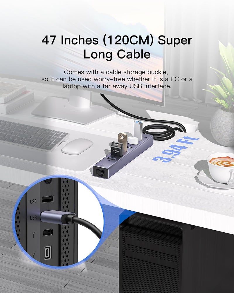 FORIDA Aluminum USB to Ethernet Adapter with 7-Port USB Hub â€“ 3.9ft Long Cable, Gigabit Ethernet Port, 5V/3A Power Port | USB Extender Compatible with Windows, macOS, Linux & More - Image 2