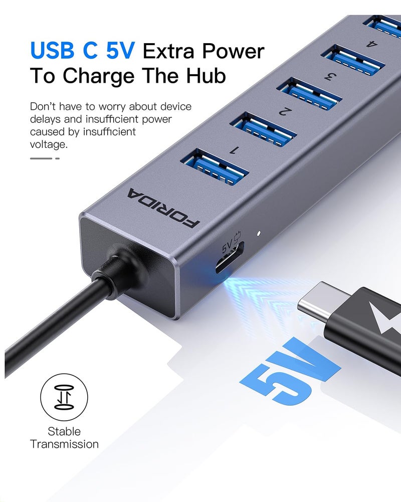 FORIDA Aluminum USB to Ethernet Adapter with 7-Port USB Hub â€“ 3.9ft Long Cable, Gigabit Ethernet Port, 5V/3A Power Port | USB Extender Compatible with Windows, macOS, Linux & More - Image 5