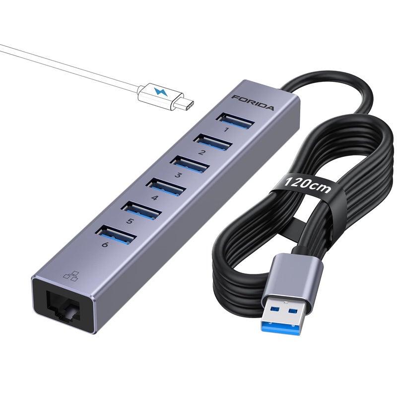 FORIDA Aluminum USB to Ethernet Adapter with 7-Port USB Hub â€“ 3.9ft Long Cable, Gigabit Ethernet Port, 5V/3A Power Port | USB Extender Compatible with Windows, macOS, Linux & More - Image 1