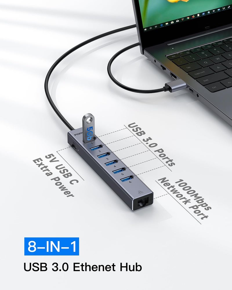 FORIDA Aluminum USB to Ethernet Adapter with 7-Port USB Hub â€“ 3.9ft Long Cable, Gigabit Ethernet Port, 5V/3A Power Port | USB Extender Compatible with Windows, macOS, Linux & More - Image 3