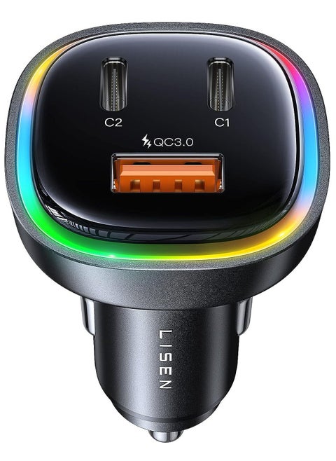 Car Charger USB-C 3 Port Type-C PD+QC 66W Rapid Charging 12V/24V with RGB Light Compatible with iPhone 14/13/SE/12/11/X/8, Samsung S22/S21/S20, iPad, Android and More Devices