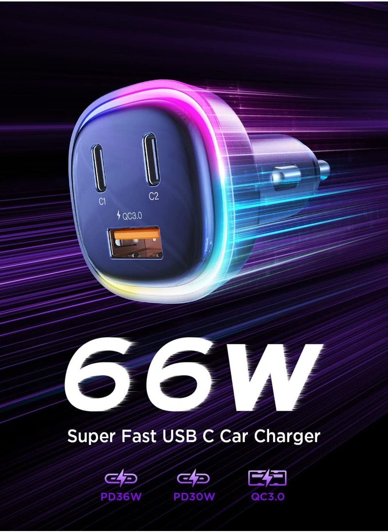 Lisen Car Charger USB-C 3 Port Type-C PD+QC 66W Rapid Charging 12V/24V with RGB Light Compatible with iPhone 14/13/SE/12/11/X/8, Samsung S22/S21/S20, iPad, Android and More Devices  - Image 5