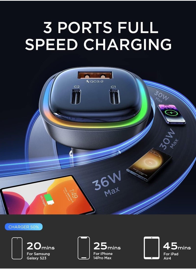 Lisen Car Charger USB-C 3 Port Type-C PD+QC 66W Rapid Charging 12V/24V with RGB Light Compatible with iPhone 14/13/SE/12/11/X/8, Samsung S22/S21/S20, iPad, Android and More Devices  - Image 4