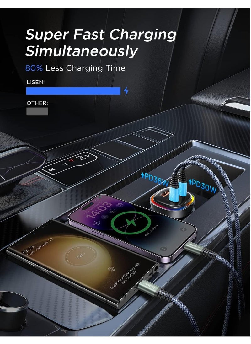 Lisen - Car Charger USB-C 3 Port Type-C PD+QC 66W Rapid Charging 12V/24V with RGB Light Compatible with iPhone 14/13/SE/12/11/X/8, Samsung S22/S21/S20, iPad, Android and More Devices - Image 1
