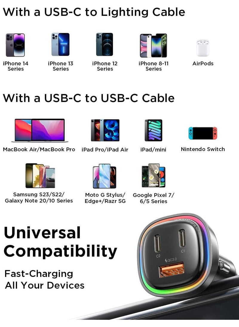 Lisen Car Charger USB-C 3 Port Type-C PD+QC 66W Rapid Charging 12V/24V with RGB Light Compatible with iPhone 14/13/SE/12/11/X/8, Samsung S22/S21/S20, iPad, Android and More Devices  - Image 3