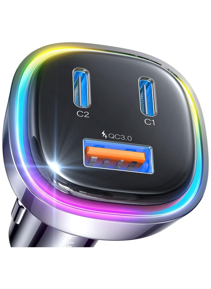 Lisen Car Charger USB-C 3 Port Type-C PD+QC 66W Rapid Charging 12V/24V with RGB Light Compatible with iPhone 14/13/SE/12/11/X/8, Samsung S22/S21/S20, iPad, Android and More Devices  - Image 2