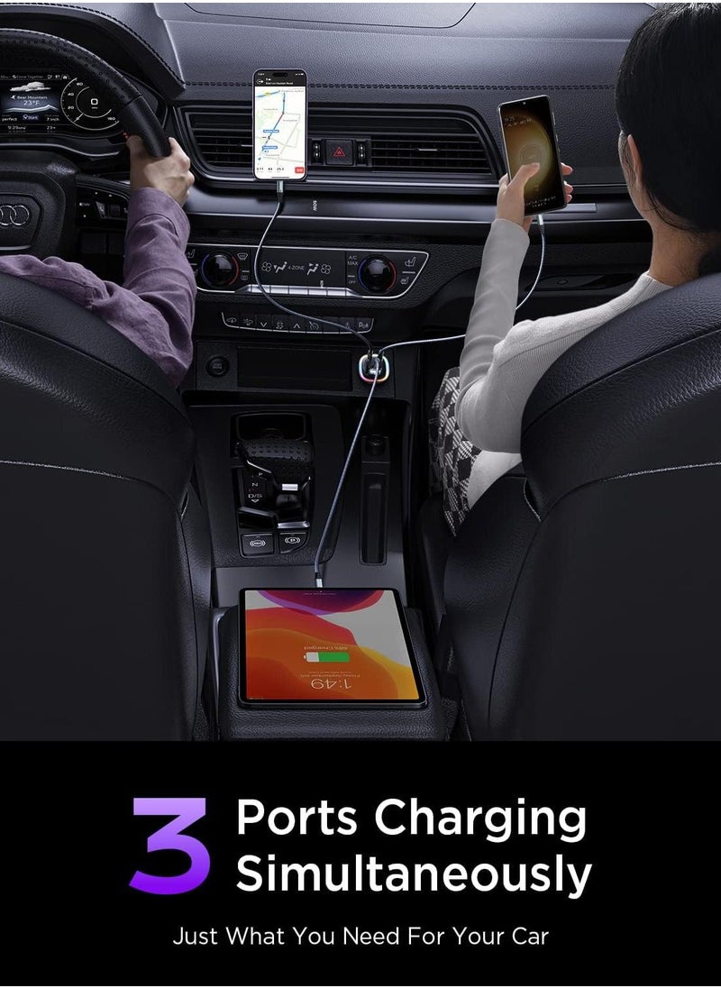 Lisen - Car Charger USB-C 3 Port Type-C PD+QC 66W Rapid Charging 12V/24V with RGB Light Compatible with iPhone 14/13/SE/12/11/X/8, Samsung S22/S21/S20, iPad, Android and More Devices - Image 1