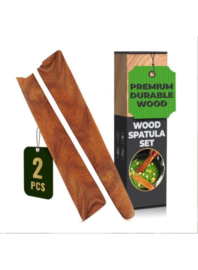 Wooden Spatula for Cooking Set of 2-12 Inch Teak Spatula for Non Stick Frying Pan - Turner & Flipper for Cast Iron, Egg & Pancake Scraper - BPA Free & Heat Resistant Wooden Cooking Utensils - Image 1