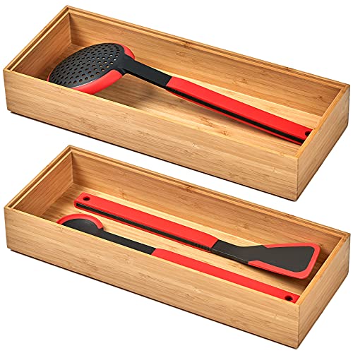 Umilife Bamboo Kitchen Drawer Organizer Boxes with Anti-Skid Silicone Feet, 2pcs Stackable Storage Bins for Kitchen Utensils & Silverware & Desk Drawer & Makeup, Tools Holder, 15”L x 6”W x 2.5”D Each - Image 1