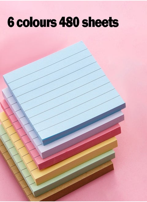 6 Packs of Sticky Notes Colorful Lined Sticky Notes 76 x 76mm Super Sticky Memo Pad Notebook (480 Sheets)