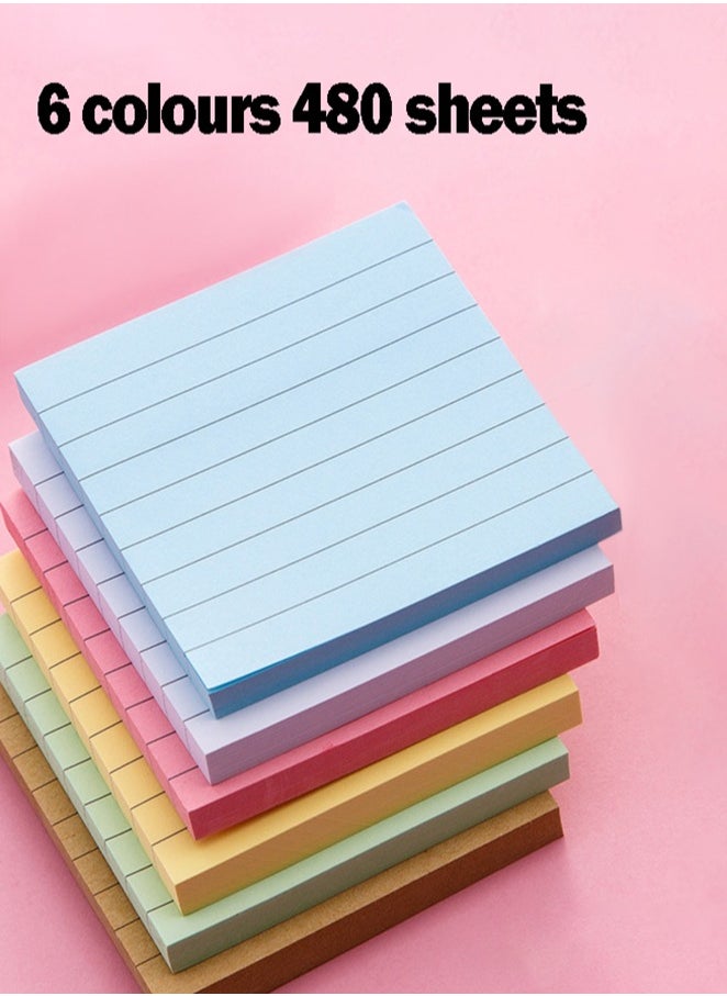 Generic - 6 Packs of Sticky Notes Colorful Lined Sticky Notes 76 x 76mm Super Sticky Memo Pad Notebook (480 Sheets) - Image 1