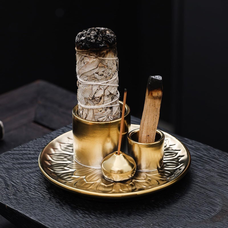 YIENENG 4 in 1 Incense Burner Holder with Ash Catcher, Gold-Plated Ceramic Tray for Burning Incense Sticks, White Sage, Palo Santo, Candle - Image 1
