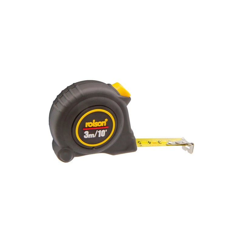 Rolson 50563 3m x 16mm Tape Measure - 16mm Wide Blade with Key Ring Spirit Level, Lockable Measuring Tape with Belt Clip & Carry Strap