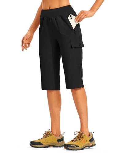 TBMPOY Womens 15 Long Hiking Shorts Below Knee Length Cargo Capri Bermuda Water Resistant Lightweight Stretch 3 Pockets Black L - Image 1