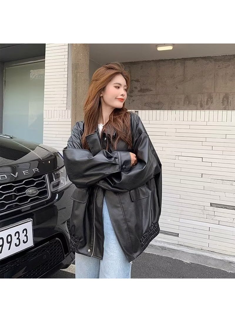 Generic - Retro Harajuku Style Biker Jacket Autumn Winter Trendy Loose Coat Brown - Image 1