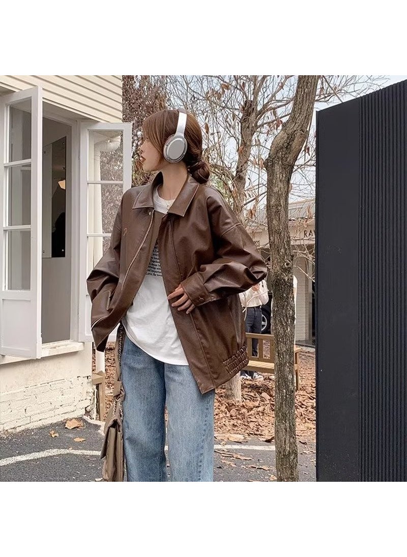 Generic - Retro Harajuku Style Biker Jacket Autumn Winter Trendy Loose Coat Brown - Image 1