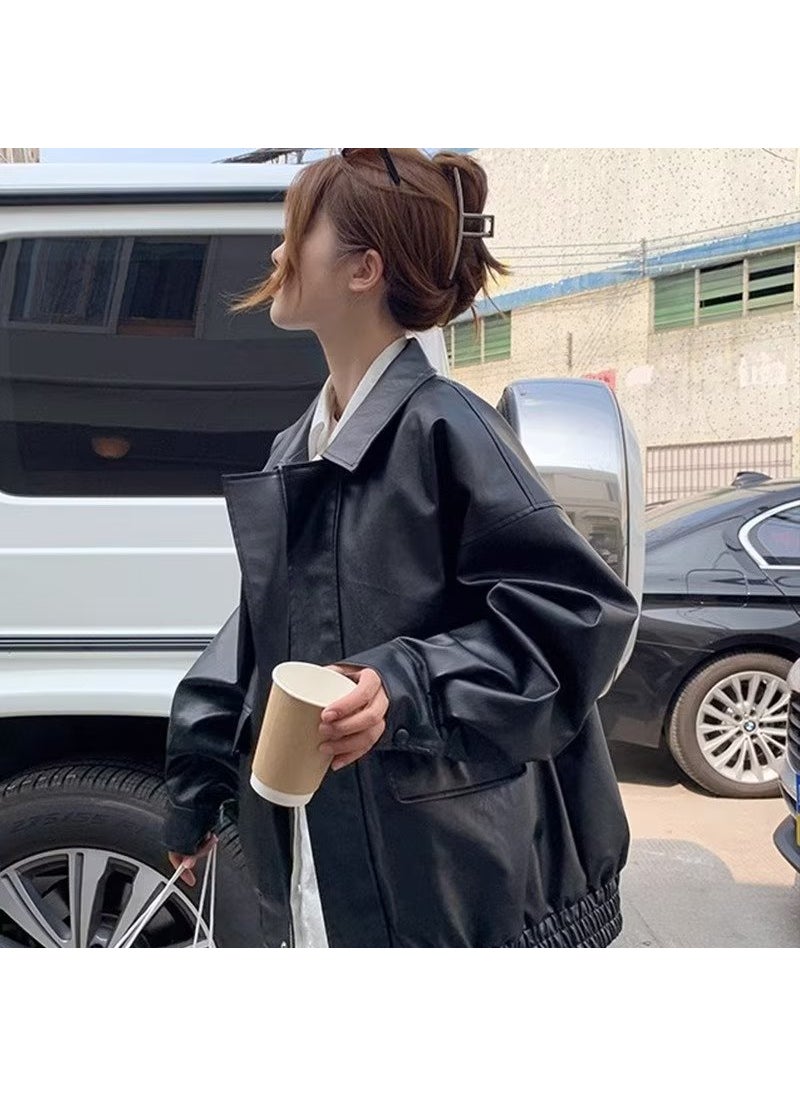 Generic - Retro Harajuku Style Biker Jacket Autumn Winter Trendy Loose Coat Brown - Image 1
