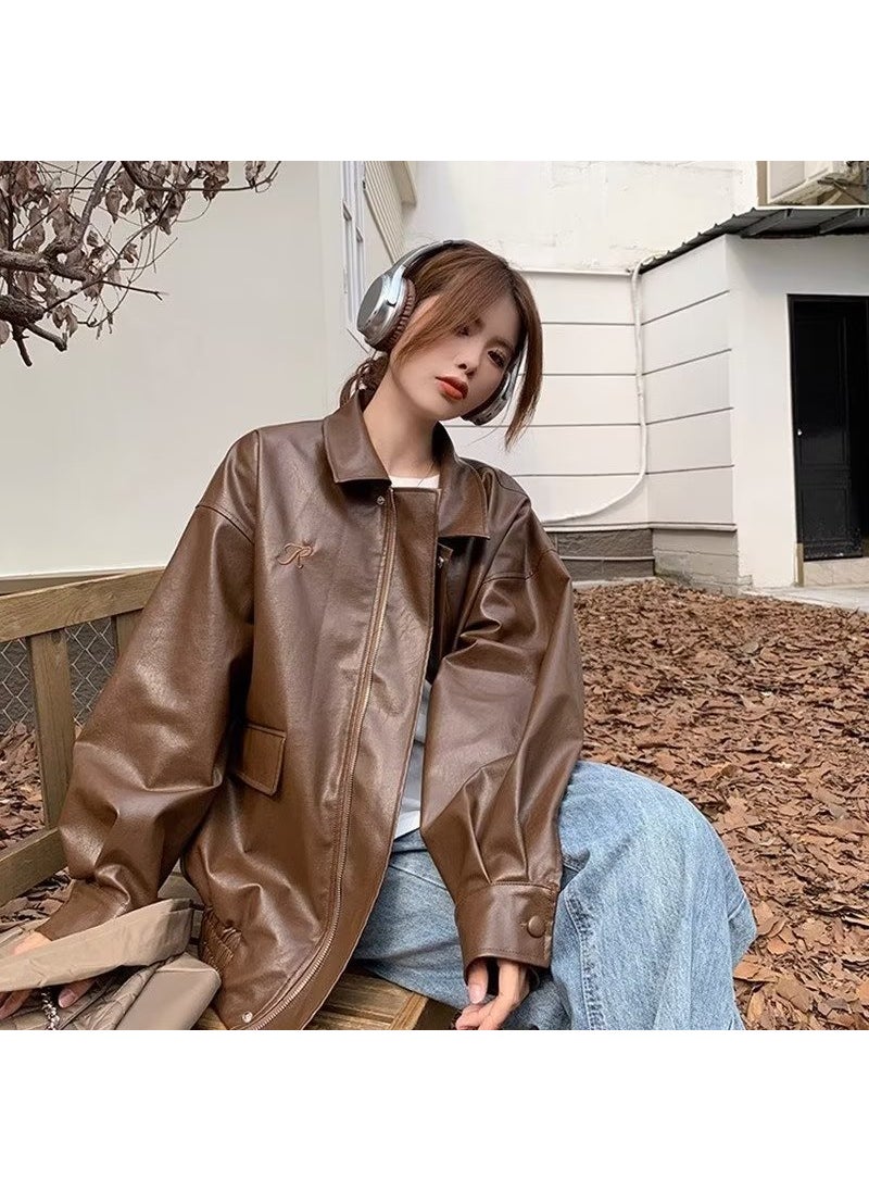 Generic - Retro Harajuku Style Biker Jacket Autumn Winter Trendy Loose Coat Brown - Image 1