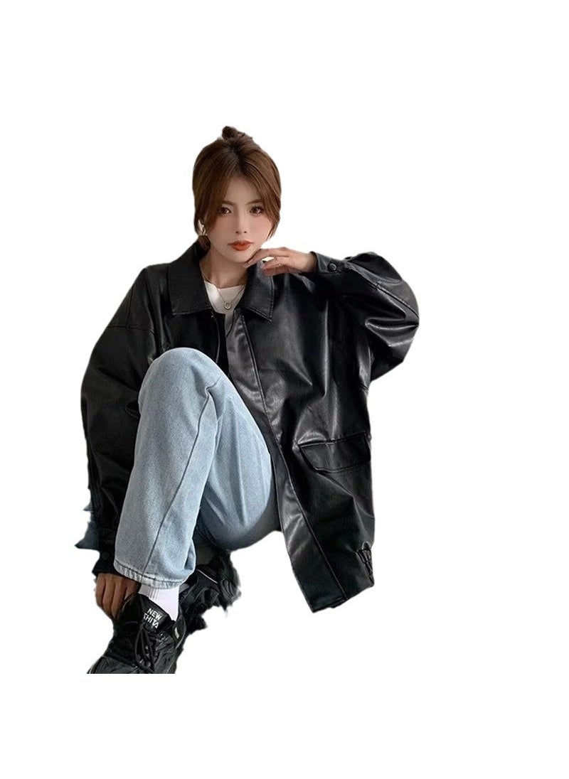 Generic - Retro Harajuku Style Biker Jacket Autumn Winter Trendy Loose Coat Brown - Image 1